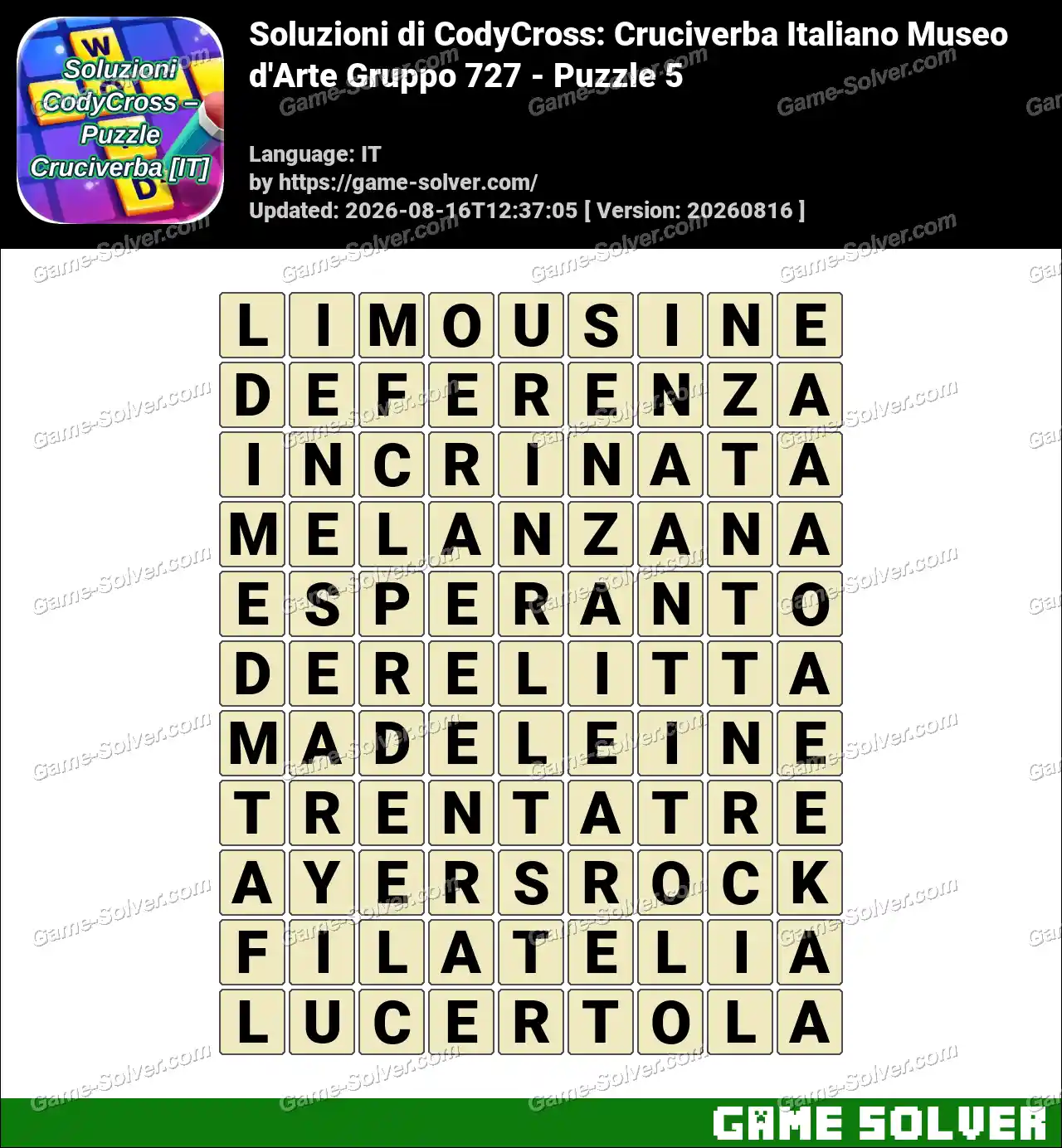Soluzioni di CodyCross: Cruciverba Italiano Museo d’Arte Gruppo 727 – Puzzle 5